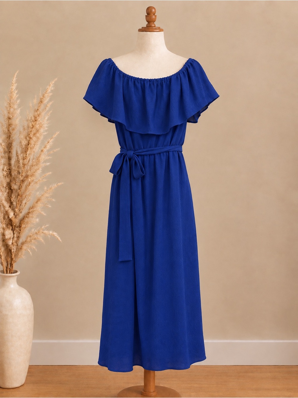 Off-Shoulder Ruffle Maxi Dress in Royal Blue